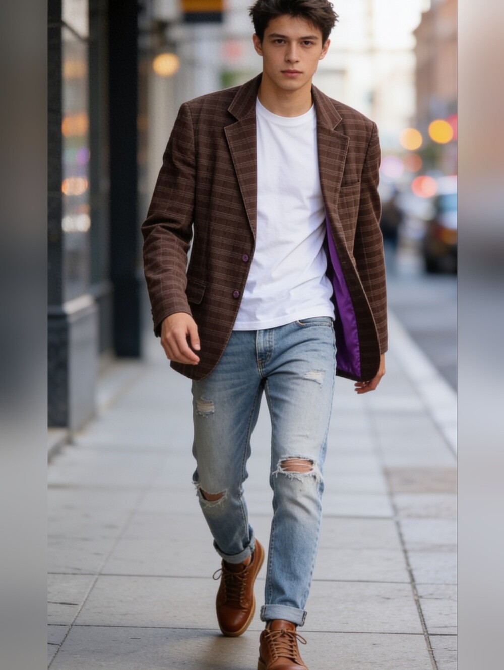 Modern Amusement Brown Plaid Blazer with Purple Lining
